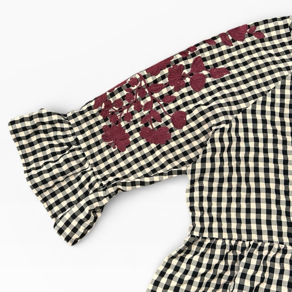 Layerz Clothing Embroidered Top Pink Black Gingham Peasant Ruffled Size XL - Picture 7 of 11